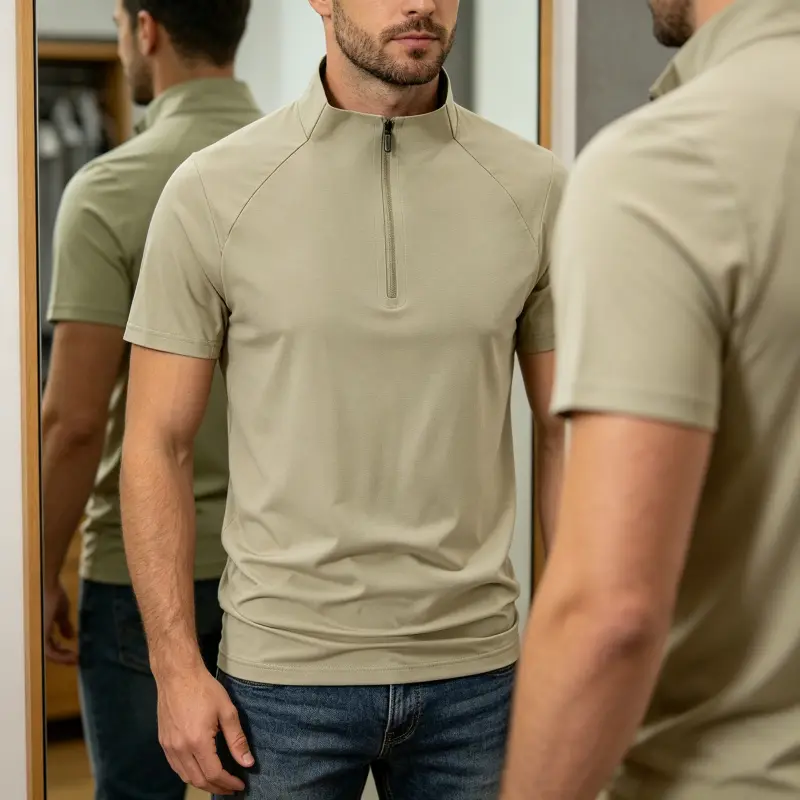 Men's Plus Size Half-Zip Mock Neck T-Shirt in Cooling Ice Silk Fabric, A Breathable, Quick-Dry, Short-Sleeve Design for Summer Outdoor Wear, Shortsleeve, Sports, Menswear, Casual, Fashion, Relaxed Fit, Moisture-Wick, Half Sleeve, Half Zip Front, Ice Silk,