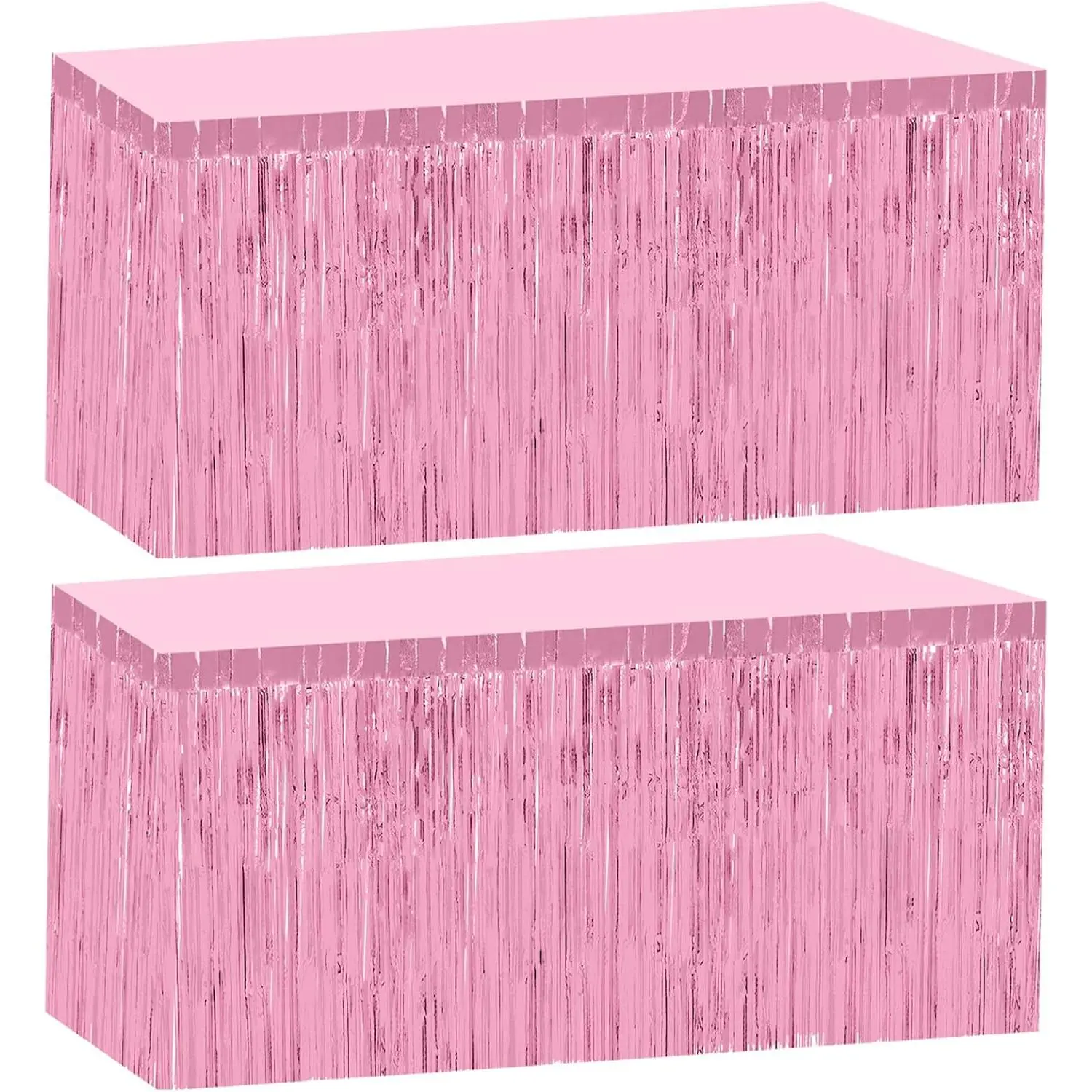 2 Pack 29.5x108 Inch Pink Foil Tinsel Fringe Table Skirts Disposable Table Skirts for Rectangle Tables Curtains Backdrop Parade Wedding Floats Baby Shower Birthday Mardi Gras Party