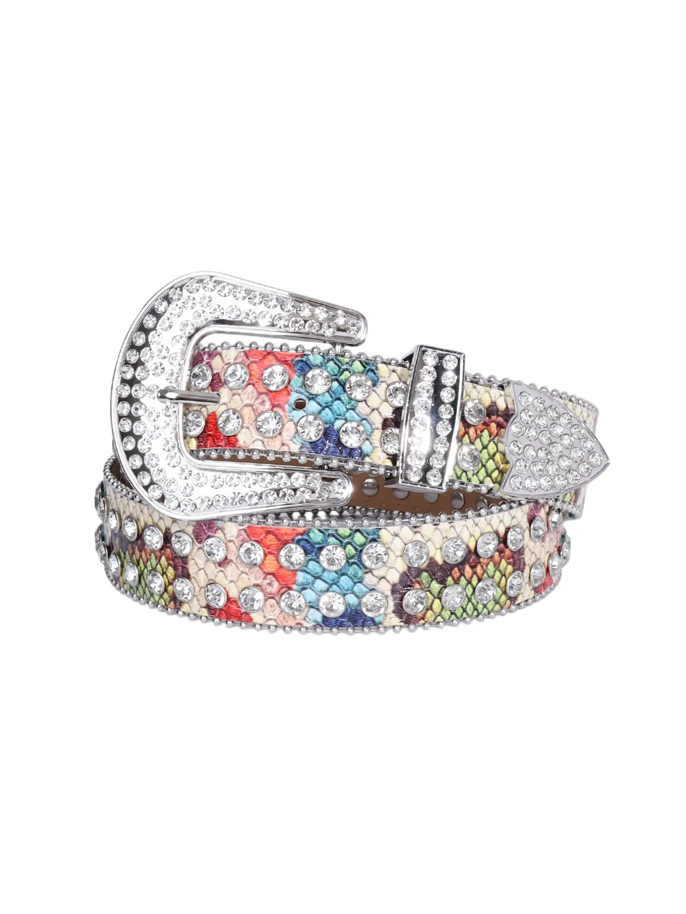 Vibrant Multicolor Rainbow Snake Print Rhinestones Belt, Silver Color Horseshoe Buckle, Punk Waist Strap for Jeans, Music Festival, Club Party