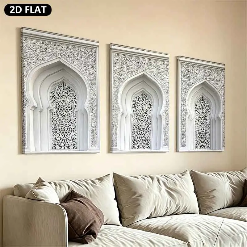 2D Flat, 2D/Flat, Three Framed Decorative Artworks And Wooden Frame Posters Are Not 3D.Modern Canvas WordsIslamic, Architecture, Ornate, Geometric Patterns, Cultural Art Islamic Architectural Beauty Home decor canvas room bedroom stylish mural poster gift