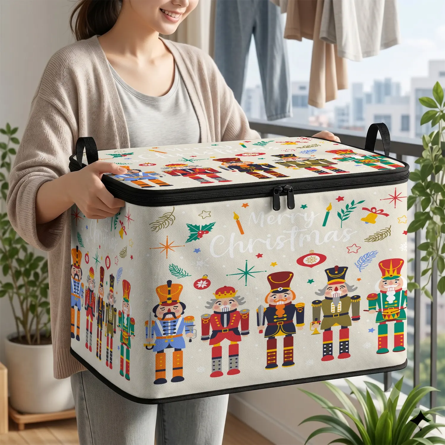 1pc Christmas Nutcracker Pattern Storage Box, Large Capacity with Lid, Dust-Proof Design, Foldable with Reinforced Handles, Seasonal Items and Clothes Organizer for Bedroom Closet, Living Room Bin, Collapsible Storage Boxes