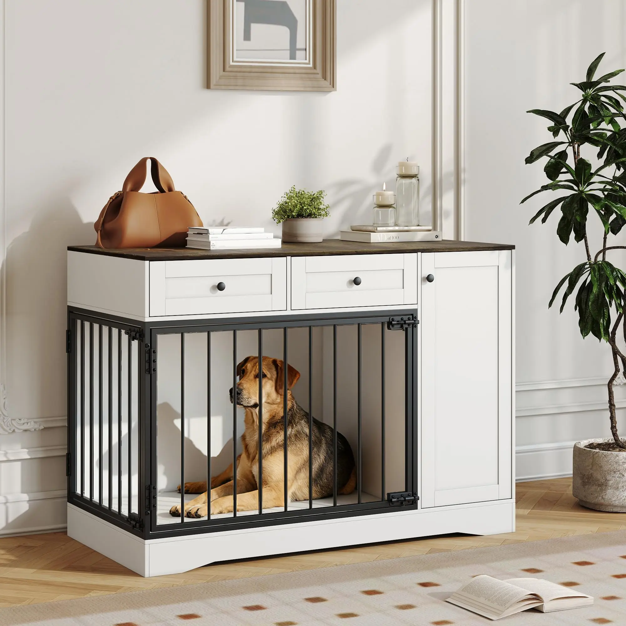 44 in Dog Crate Furniture, Heavy Duty Wooden Dog Kennel with Drawer & Side Cabinet, Furniture Style Decorative Pet Cage End Table for Small to Medium Pets, White