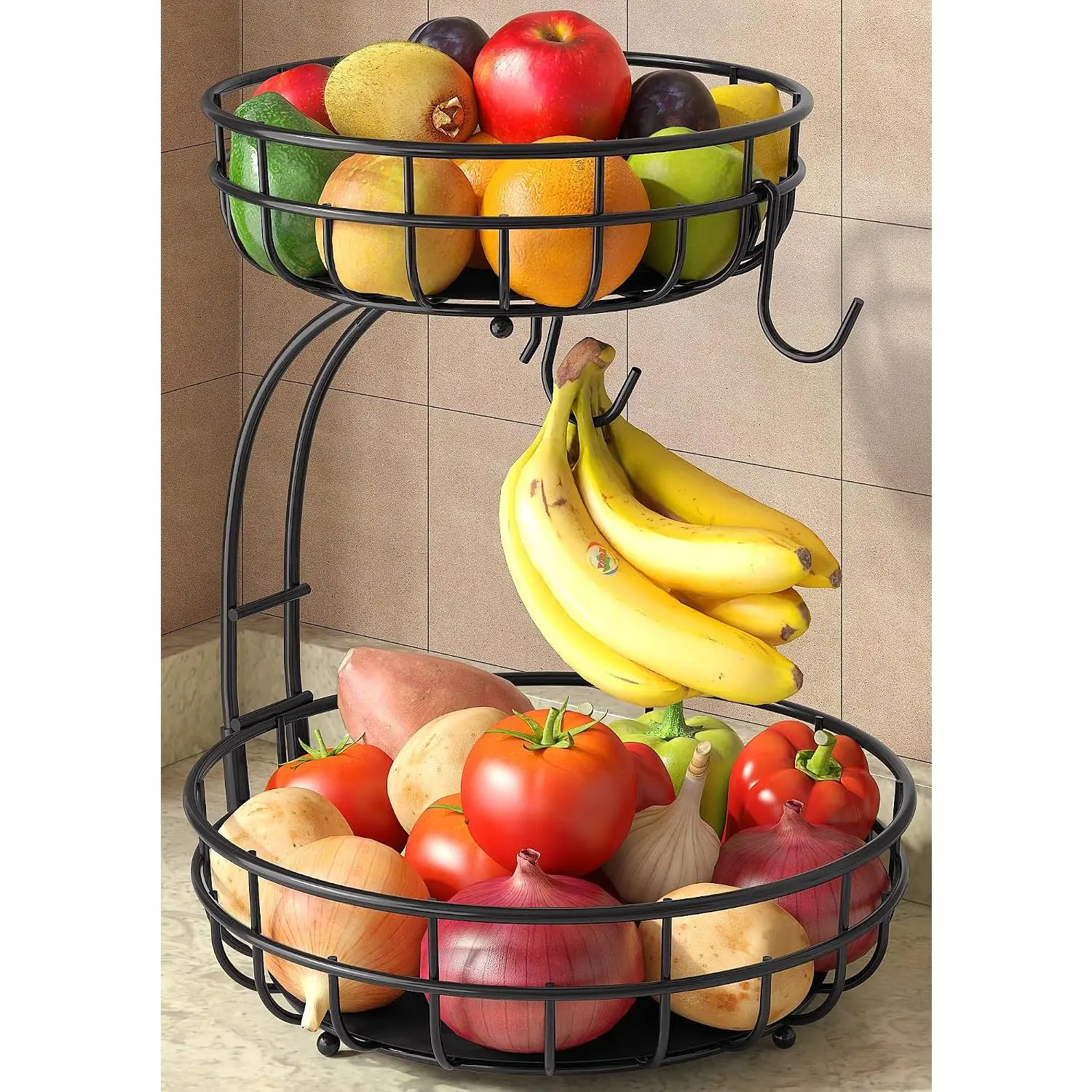 2-Tier Modern Rust-Proof Kitchen Storage Organiser, Vertical Rack Fruit Bowl with 2 Banana Hooks, Space-Saving Countertop Storage for Veggies/Bread, Under-Cabinet Fit, Includes Bruise-Protective Mats