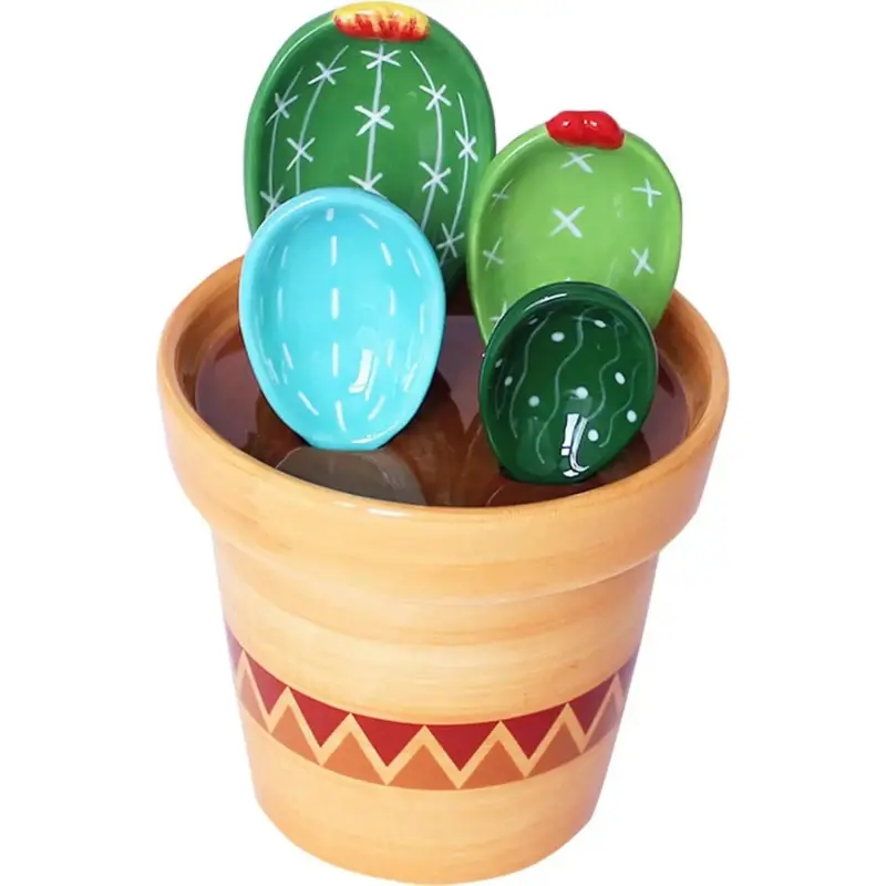 Cactus Measuring Spoons Set in Pot Ceramic Cute Small Cacti Measuring Spoons and Cups Green Housewarming Gifts for Baking,Salt, Sugar Dishwasher Safe (Green and Blue