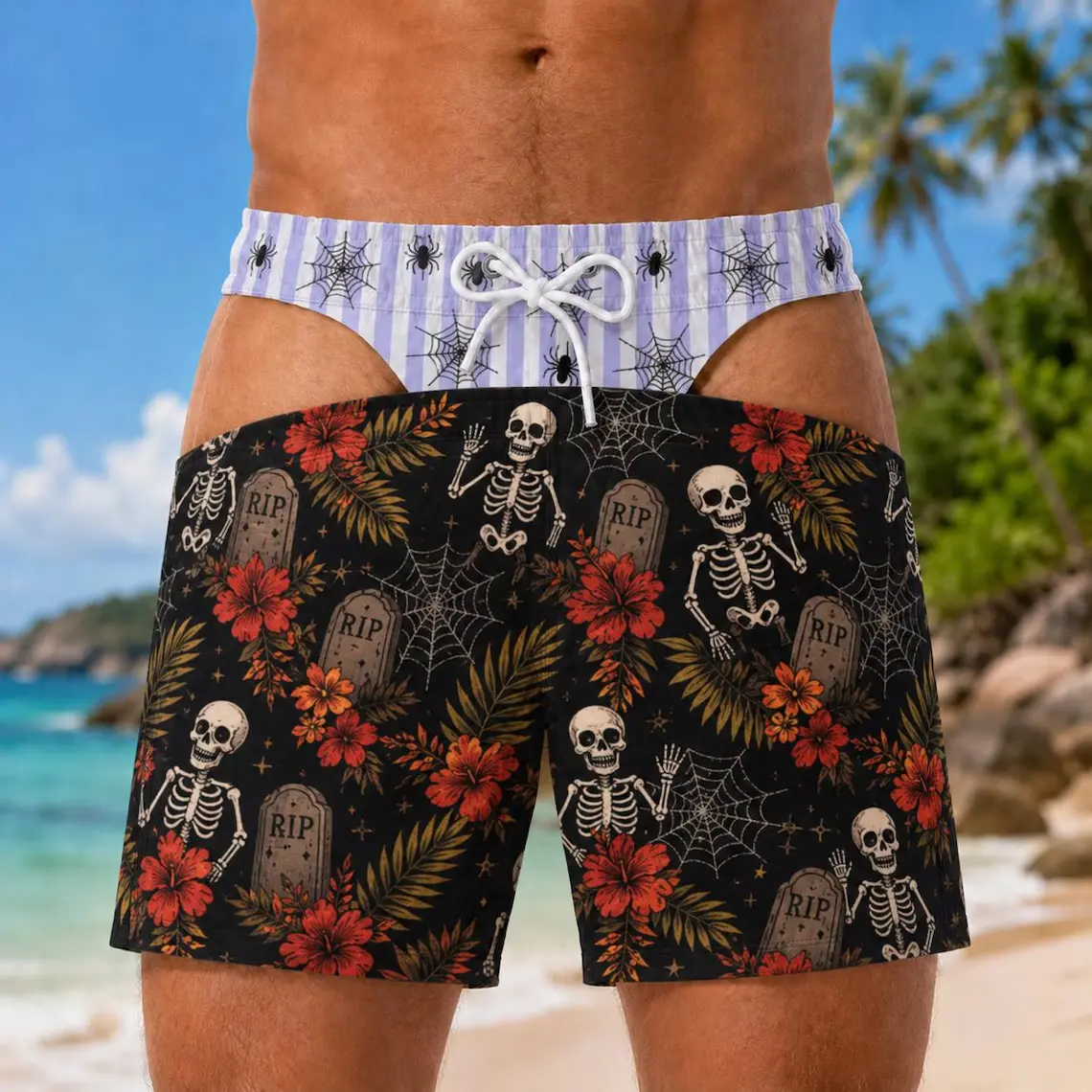 Men's Skeleton Halloween Swim Trunks - Loose Fit, Above-Knee, Multi-Size, Pockets, Ghost-Head Mask Thong Illusion Design, Funny Gift, Hand Wash Compatible, Stretch Fabric Beach Swimwear