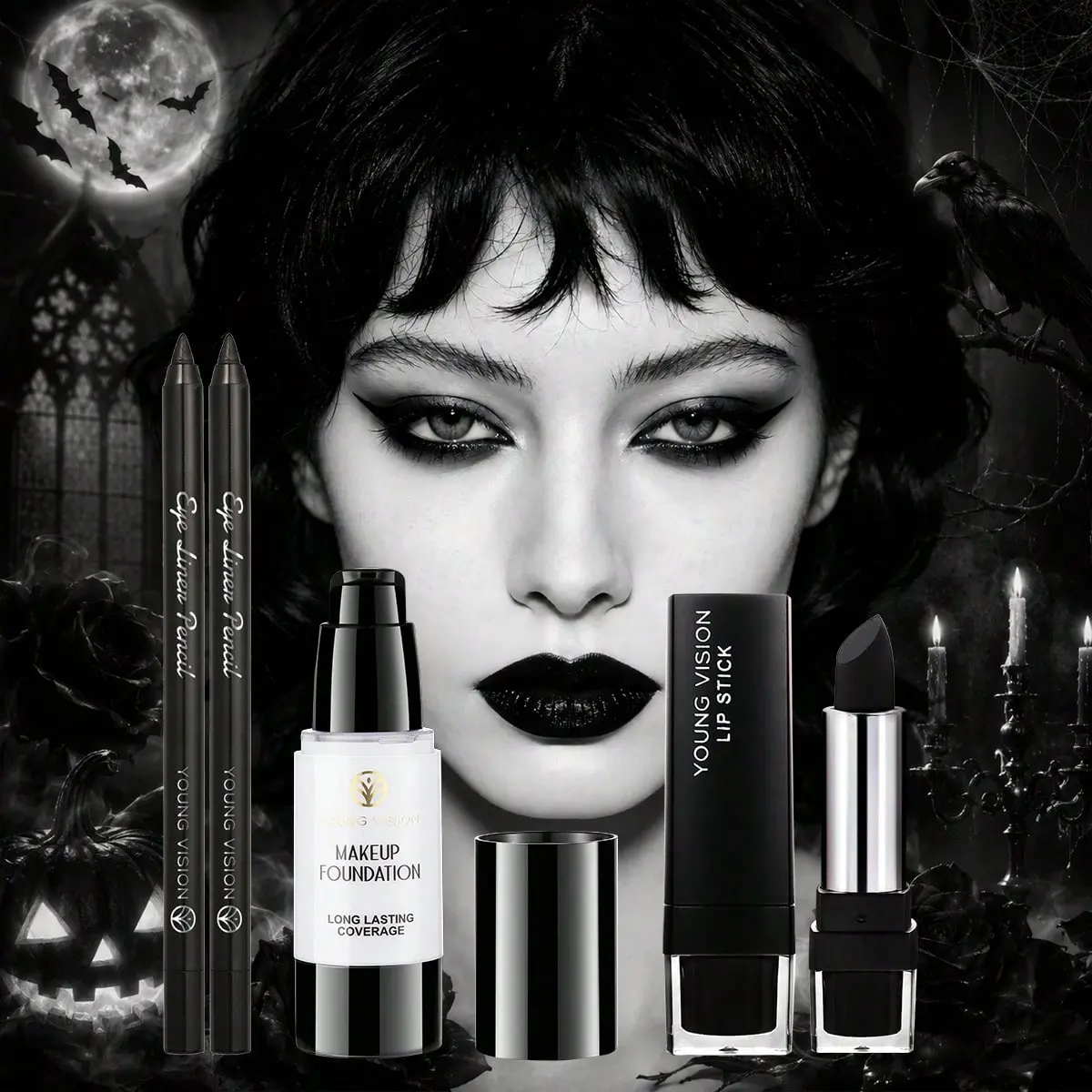 4-Piece Halloween Face Set (Black And White): White Matte Concealer Foundation & Black Moisturizing Velvet Lipstick & 2 Matte Waterproof Eyeliners And Eyeshadow Sticks. Halloween Gothic Makeup Set.