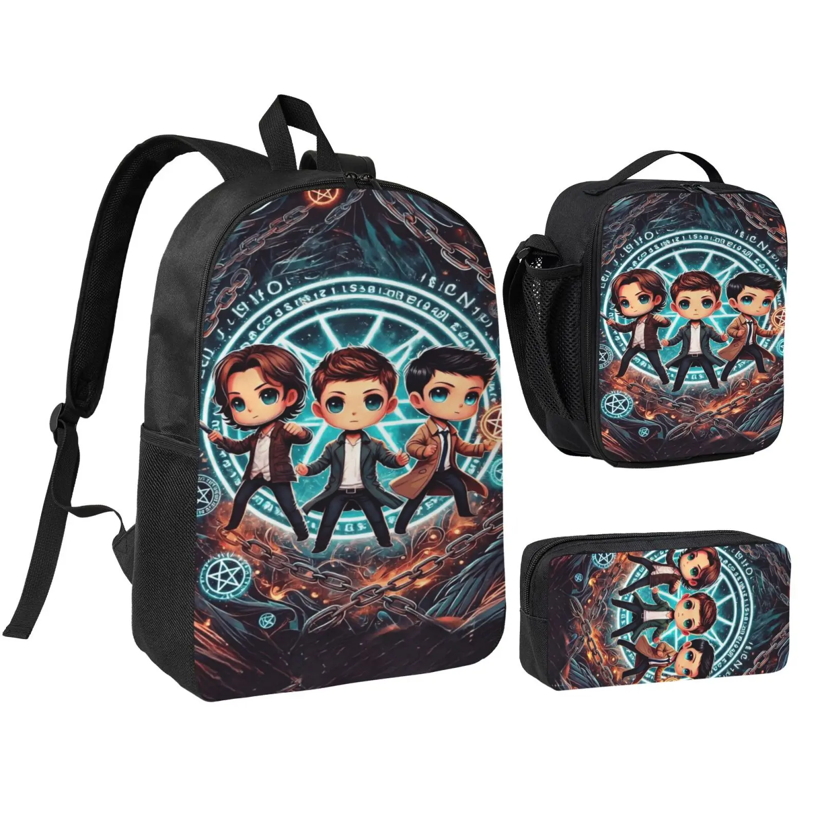 Anime Supernatural Kids School Bag Set, Teen Boys Girls Backpack with Adjustable Shoulder Straps, Multipurpose Bookbag with Lunch Box Pencil Bag for School Travel Office Daily Use, Back To School Haul, Polyester