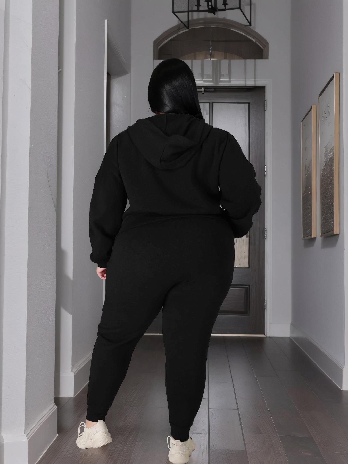 【Plus Size】 Two-Piece Set Solid Zip Up Hooded Sweatshirt & Drawstring Waist Pants, Casual Long Sleeve Hooded Sweatshirt & Pocket Trousers for Daily Wear, Women's Two-piece Outfits for Fall & Winter, Clothing Sets