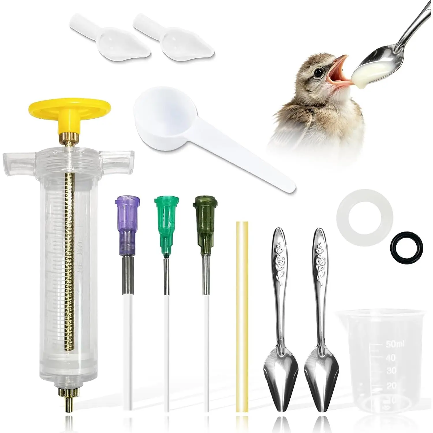 Baby Bird Feeding Syringe Kit with Plastic Tubes, Hand Feeder and Measuring Cup - Pet Small Bird Feeding Tools Supplies
