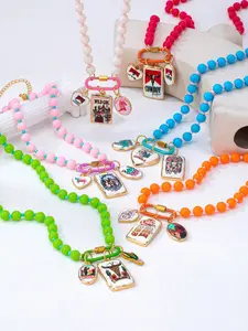6pcs Western Layered Bead Necklace with Cowboy Girl Pendant, Resin Bead Necklace, Country Y2K Style Accessory, Southwest Cowboy Festival Jewelry