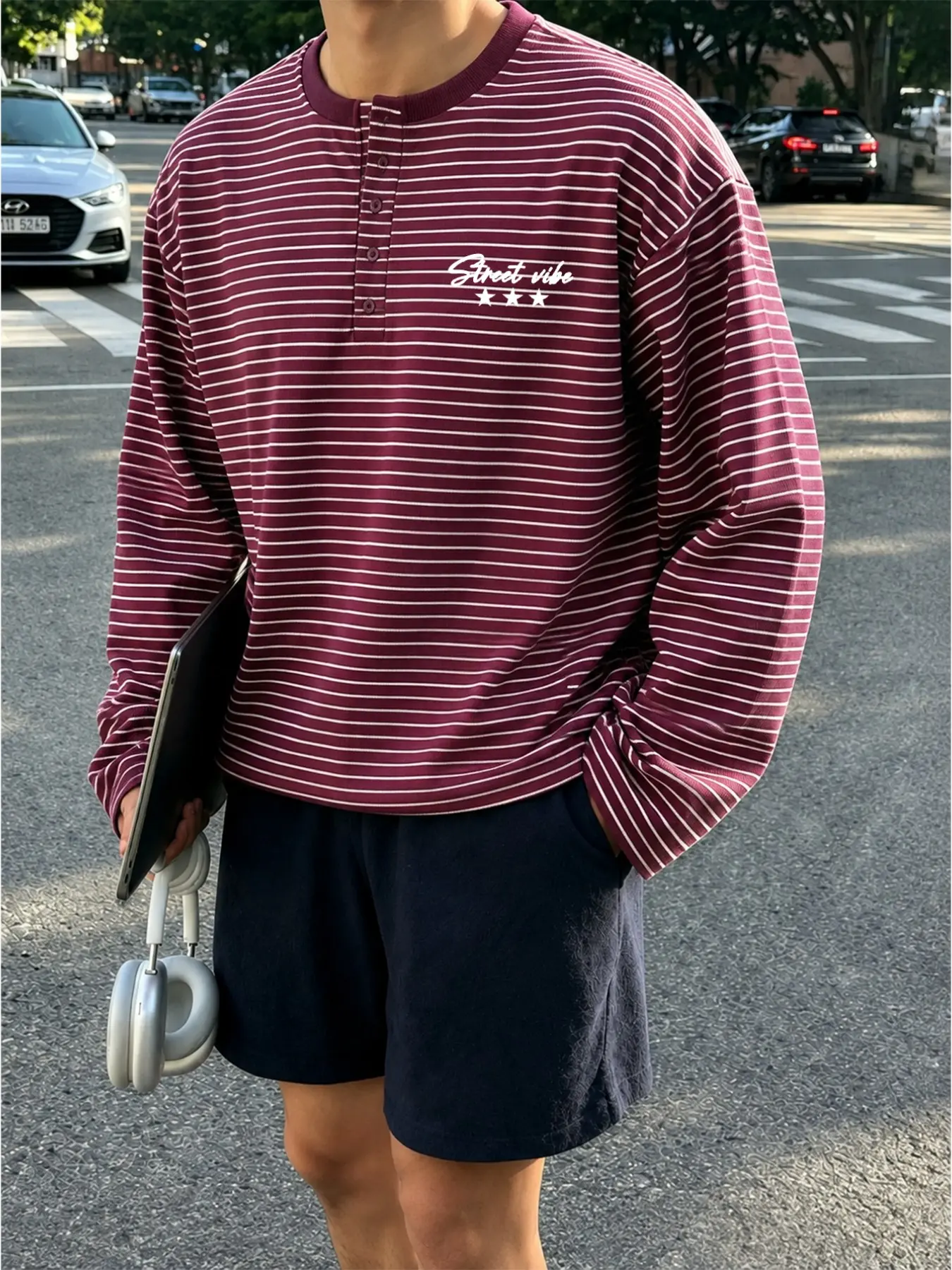 Burgundy White Thin Striped Henley Placket Long Sleeve T-Shirt, Minimal Street Vibe Star Letter Chest Print, Oversized Drop Shoulder Casual Base Layer Top, Street Couple Matching Outfit, Early Autumn Daily Wear