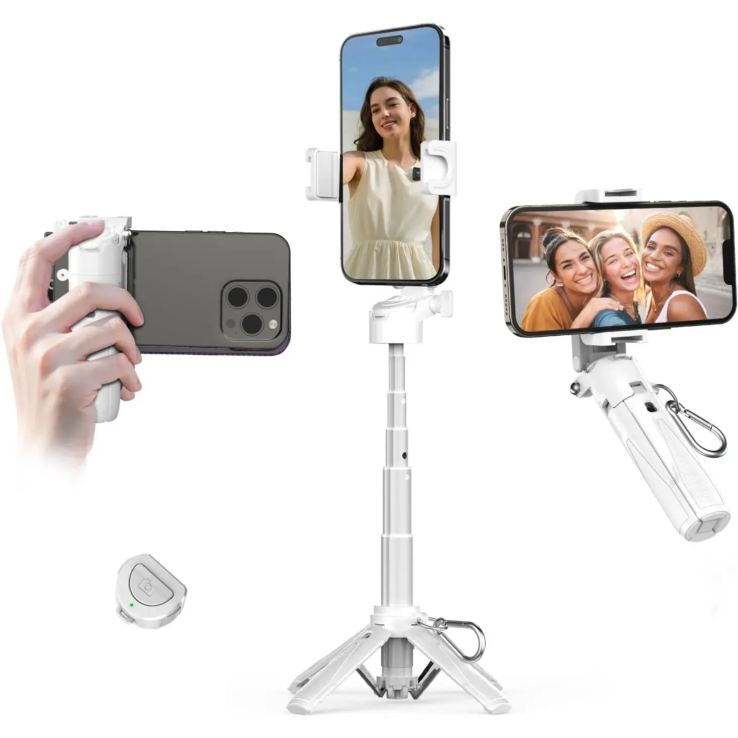 Portable 3-in-1 Selfie Stick Tripod Grip with 2 Cold Shoe Mounts – Compact Extendable Phone Holder &  Remote for  Android – Pocket-Sized Tool for Vlogging, Live Streaming & Photography