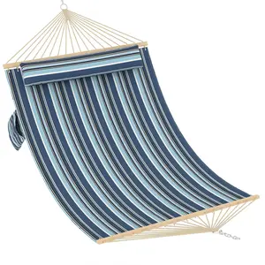 2 Person Double Quilted Fabric Hammock, Wooden Spreader Bar & Removable Pillow, Heavy Duty 450lbs Capacity for Patio, Backyard, Poolside and Garden