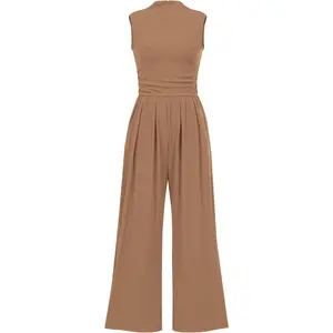 Womens Summer Jumpsuits Dressy Casual One Piece Outfits Sleeveless Mock Neck Wide Leg Pants Rompers with Pockets