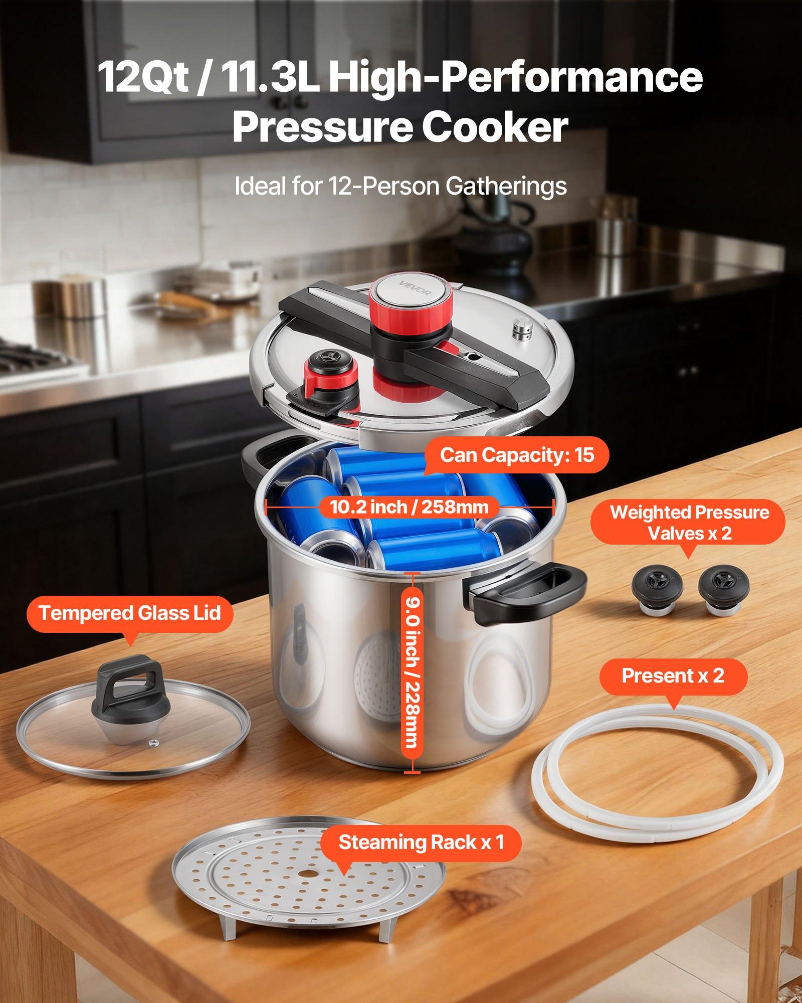 VEVOR Pressure Cooker, 12Qt Pressure Cooker Stainless Steel, Pressures Canner with Steaming Rack, Tempered Glass Lid, Three Pressures Settings for Meat, Beans, Rice, Soup, Sauces, Cook up to 100 kPa VEVOR Pressure Cooker, 12Qt Pressure Cooker Stainless Steel, Pressures Canner with Steaming Rack, Tempered Glass Lid, Three Pressures Settings for Meat, Beans, Rice, Soup, Sauces, Cook up to 100 kPa