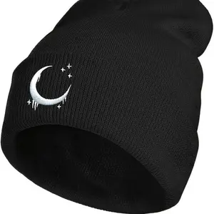 2026 NEW Unisex Warm Knitted Gothic Black Beanie Skull Cap, Stylish Crescent & Star Embroidery Winter Hat, Soft Thermal Fashion Accessory Ideal For Daily Cold Weather Outfits,father's day gifts