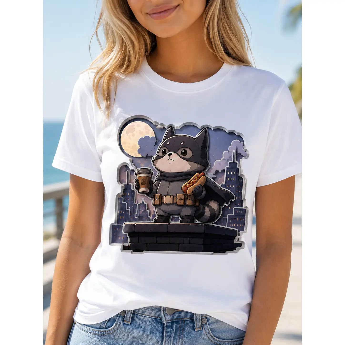Masked Raccoon Hero Graphic T-Shirt, Shortsleeve Chibi Cartoon Top, Pop Culture Streetwear Aesthetics for Everyday Outdoor Wear, Tshirt