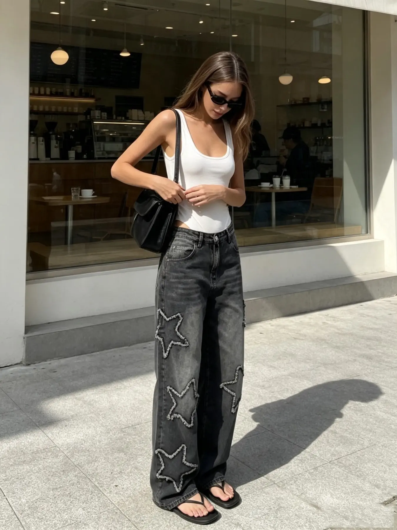 Summer Y2K Millennial Washed Jeans, Fringe Stars Patchwork, High-Waisted Loose Fit, Ankle Length, Casual All-Season Women's Pants