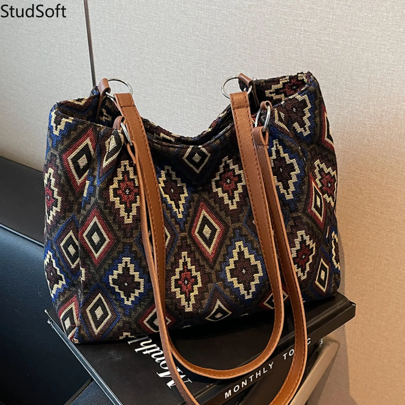 Women's Vintage Bohemian Woven Tote Bag - Geometric Aztec Print Handbag with Large Capacity, Leather Strap for School, Travel (Sports & Outdoor Compatible)
