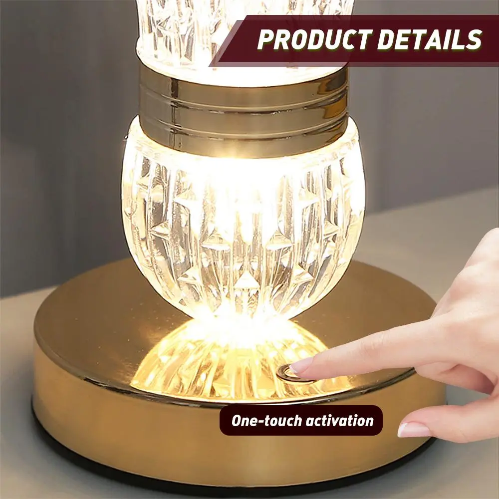 Crystal Vase Table Lamp with Touch Control, 3-Color Dimmable LED Night Light, Portable Rechargeable Flower Vase Lamp, Elegant Acrylic Bedside Desk Decor for Bedroom, Living Room, and Gift Giving