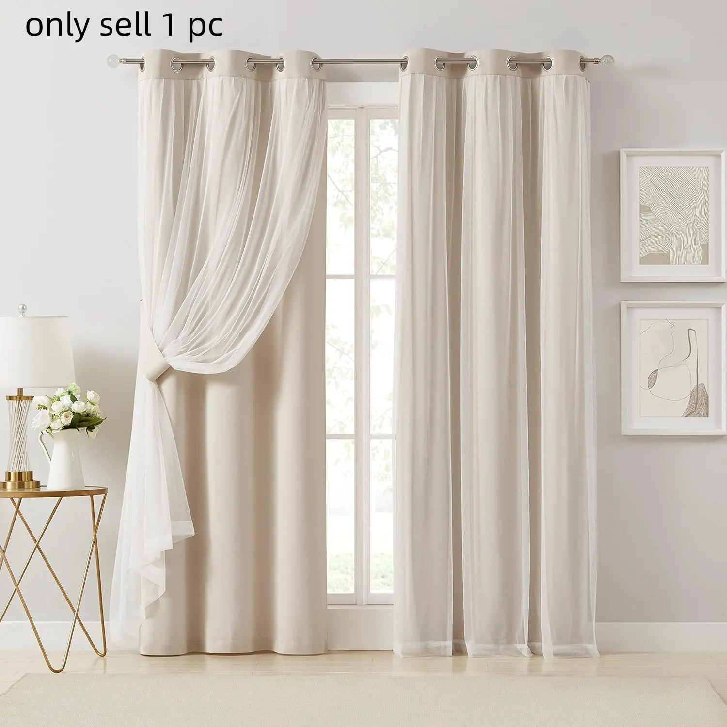 1pc 80% Light Blocking Curtain with Sheer Layer, Dual-Layer Insulated Drapes for Living Room and Bedroom, Metal Ring Top Curtains