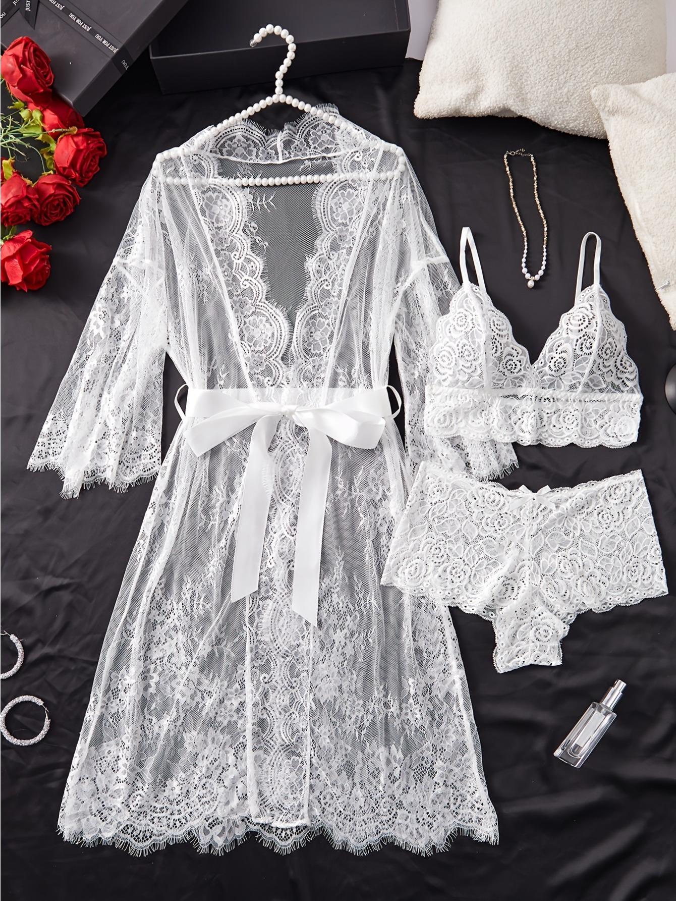 Elegant Japanese Style Bathrobe and Robe Set Semi Sheer Lace Wavy Two Piece with Matching Underwear for Spa Wedding Special Occasions