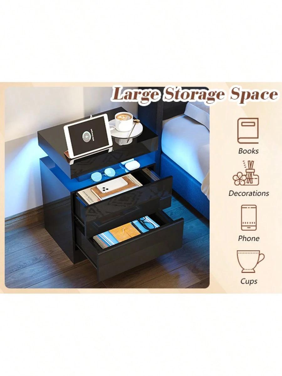 Modern Nightstand Set Of 2 With LED Lights And Charging Station, Side Tables With 2 Drawers And Open Storage Shelf, Stylish End Tables For Bedroom