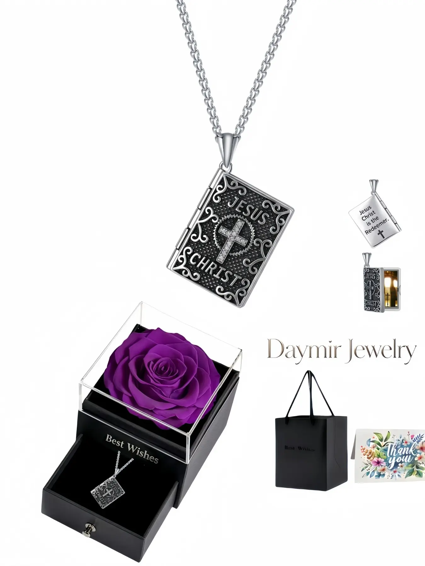 Silver faith-themed locket necklace, Stainless Steel Locket, book-shaped cross inlaid with sparkling stones and openable photo compartment, comes with purple preserved-rose jewelry box, ideal gift for birthdays, Valentine's Day and Christmas