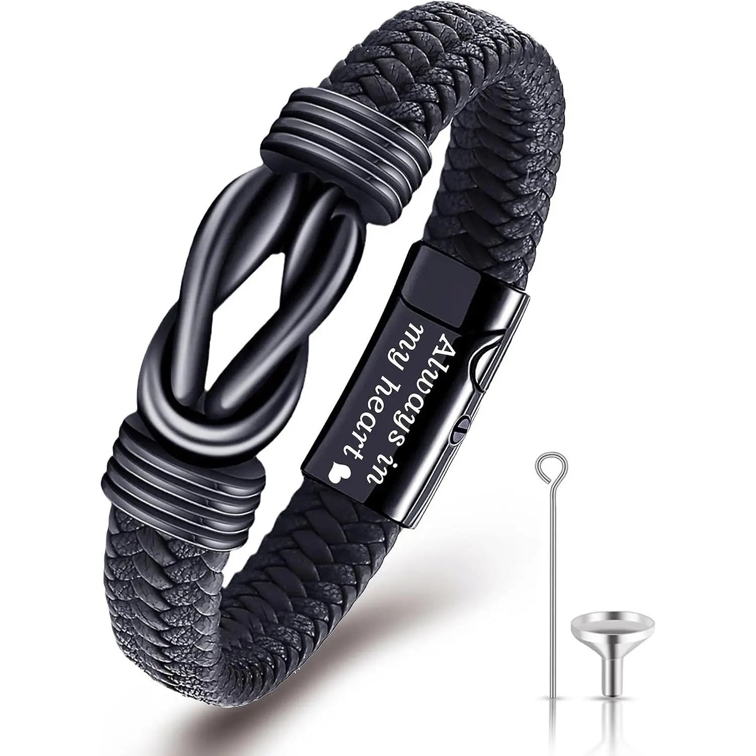 Urn Bracelet for Human Ashes Leather Cremation Knot  Bracelet Stainless Steel  Cuff Bangle  for Men