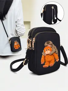Black fashionable and casual mini bag; cute monkey hugging a toy monkey, with phone bag, coin purse, and travel bag, suitable for nature-loving men and boys, a cartoonish and fun multi-functional bag, a must-have lightweight storage bag for travel