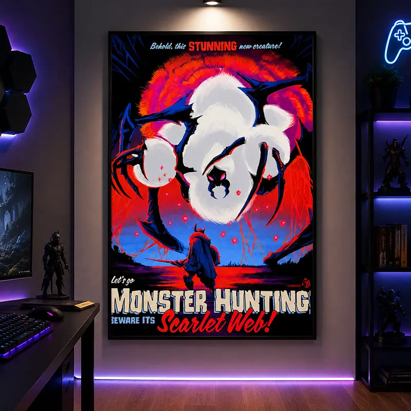 Monster Hunting Poster, Scarlet Web Gaming Art, Video Game Print, Dorm Room Decor, Gaming Room Wall Art, Fantasy Monster Art, Gamer Bedroom Decor, Teen Room Poster, Gaming Gift