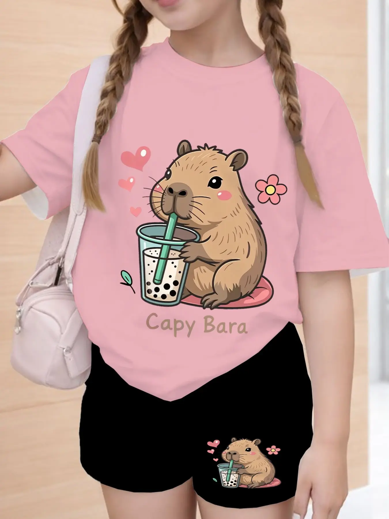 Girls' Milk Tea Capybara Set, Cute Cartoon Casual, Soft Skin-Friendly, Home Sleepwear, Print Pajama Set, Park Play, Short Trip