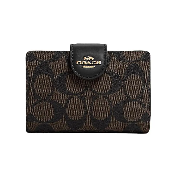 COACH Corner Zip Canvas and Leather Wristlet Clutch for Women in Dark Brown and Black