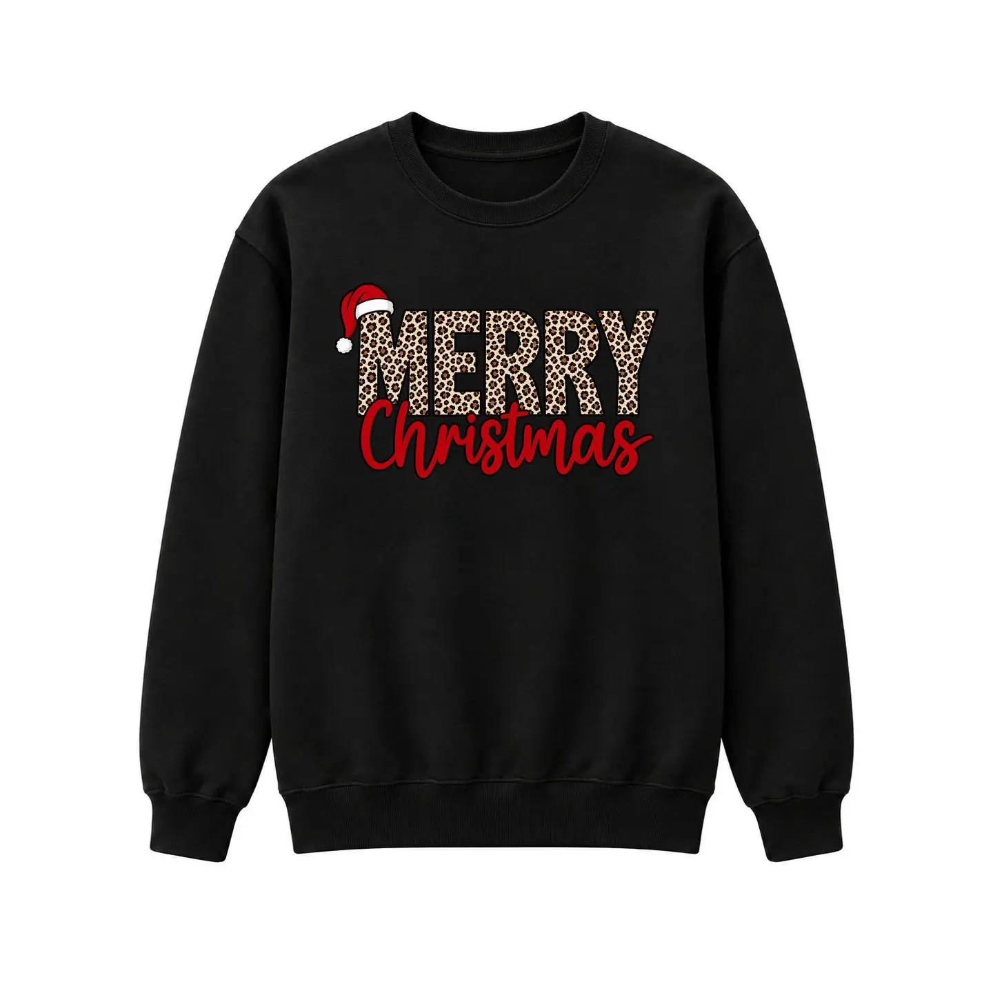 Leopard Print Merry Christmas Graphic T-Shirt or Crewneck Sweatshirt, Black or White Unisex Short Sleeve Tee or Pullover for Christmas Outfits