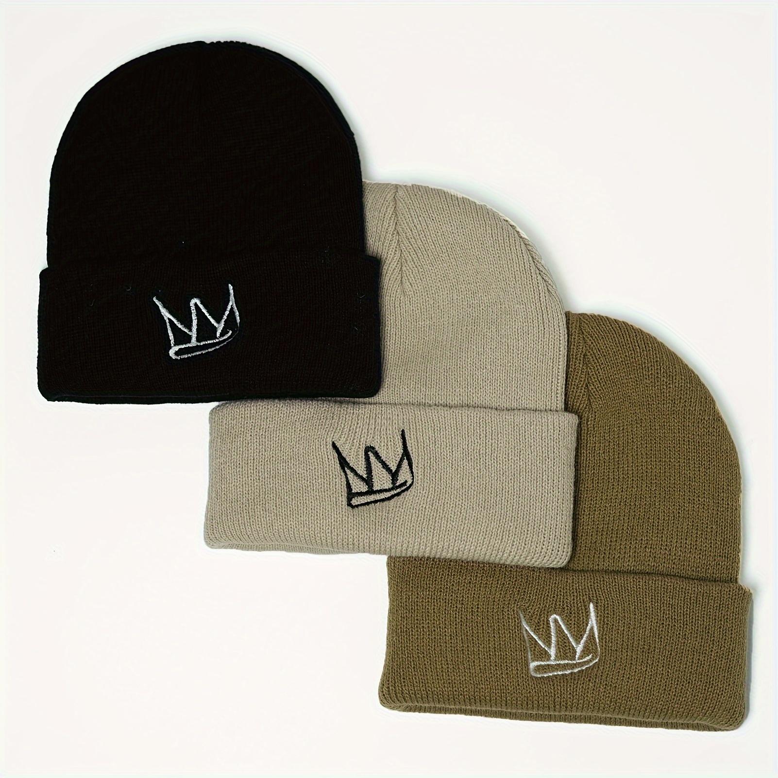 3pcs Adorable Crown Embroidered Beanies for Boys - Warm And Windproof Hats with Hip-Hop Style