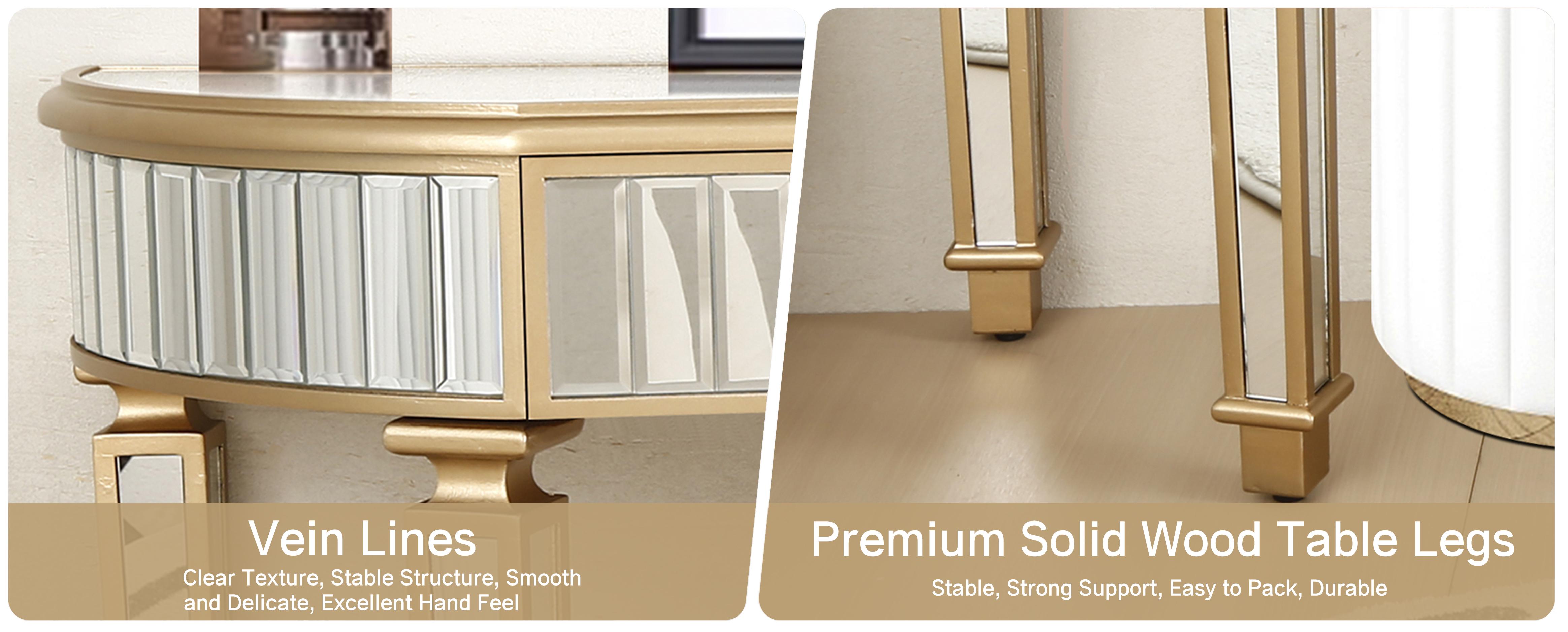 47" Half-Moon Mirrored Console Table with Fluted Glass & Crystal Knob Drawer - Silver Entryway Vanity Desk for Bedroom/Dressing Room(Gold+Sliver) 47" Half-Moon Mirrored Console Table with Fluted Glass & Crystal Knob Drawer - Silver Entryway Vanity Desk for Bedroom/Dressing Room(Gold+Sliver)