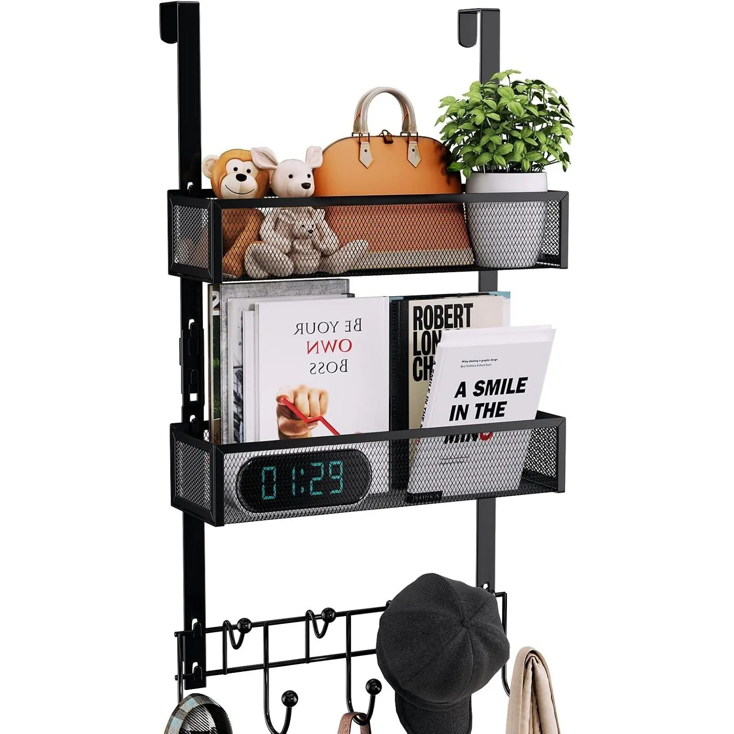 Over The Door Hooks Organizer - 3 Tier Door Hanger with 9 Coat Hooks & 2 Mesh Basket, Back Storage Organizer Hanging Towels for Bathroom, Bedroom, Black