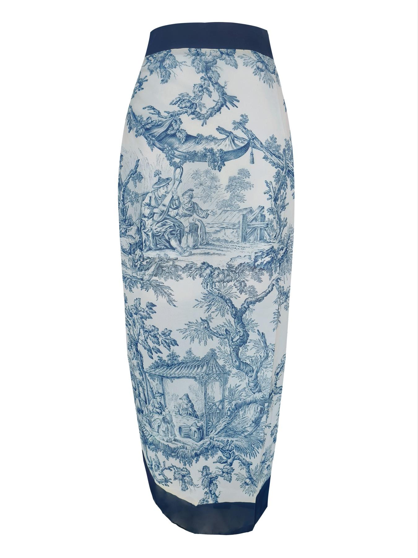 Women's Plants Print Cami Bodysuit & Contrast Mesh Skirt Set, Summer Clothes Women Elegant Spaghetti Backless Camisole & High Waist Knot Detail Skirt, Valentine's Day Gift