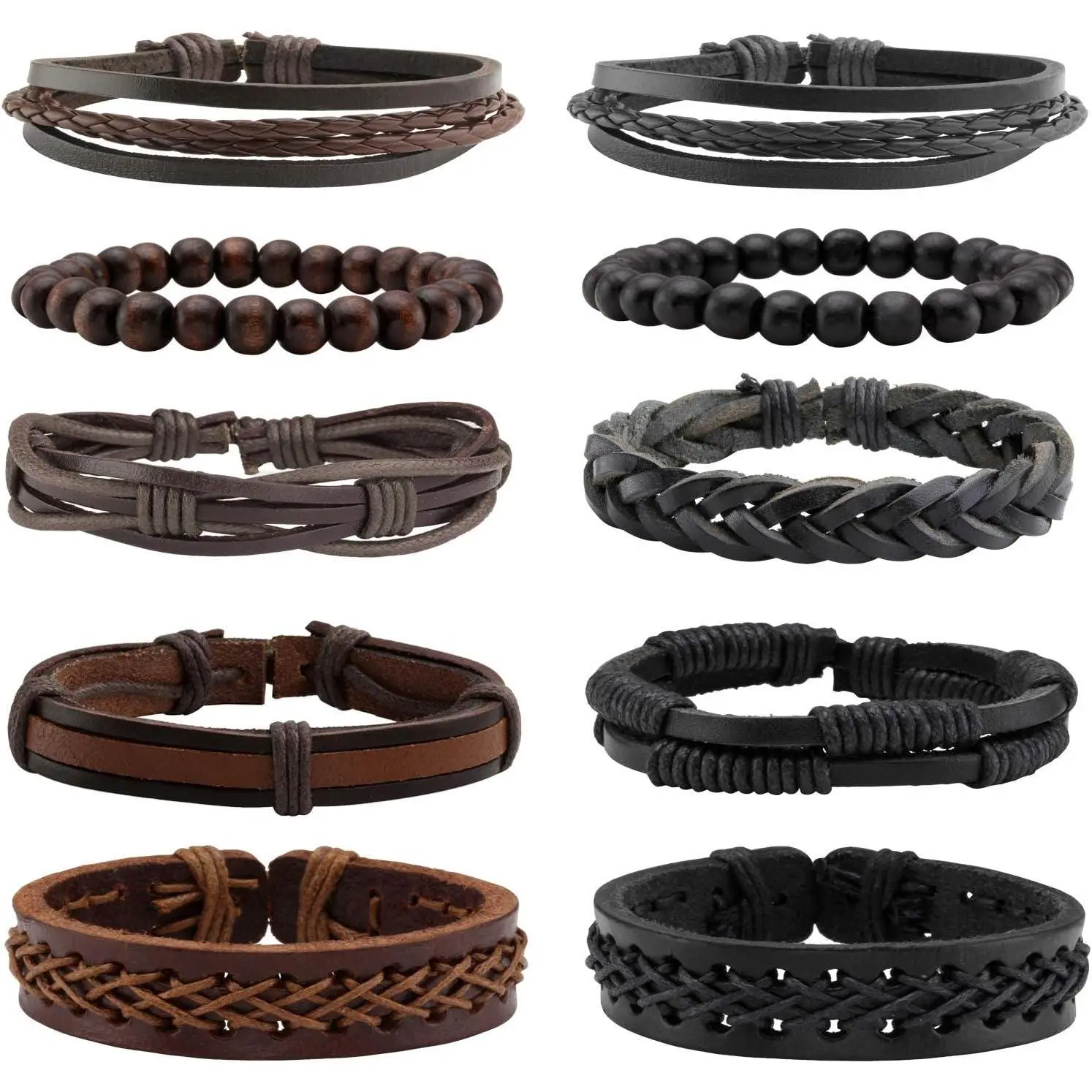 10 count Braided Leather Bracelet for Men Women Wooden Beaded Bracelets Wrap Adjustable