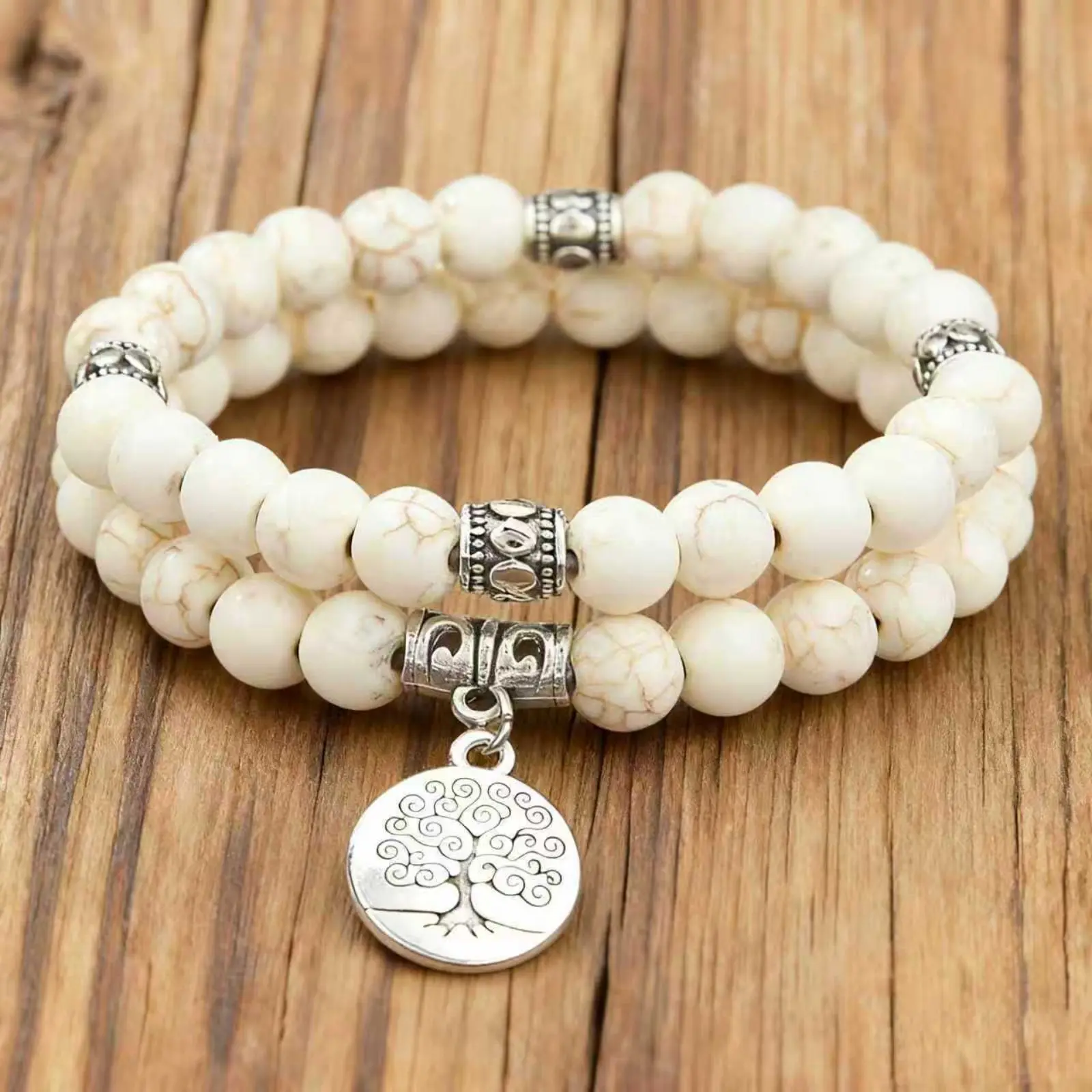 Tree of Life White Turquoise Beaded Bracelet for Women, Double Layer Crack Stone Strand Bracelet, Vintage Silver Life Tree Charm Bangle, Bohemian Spiritual Jewelry for Daily Meditation Gift