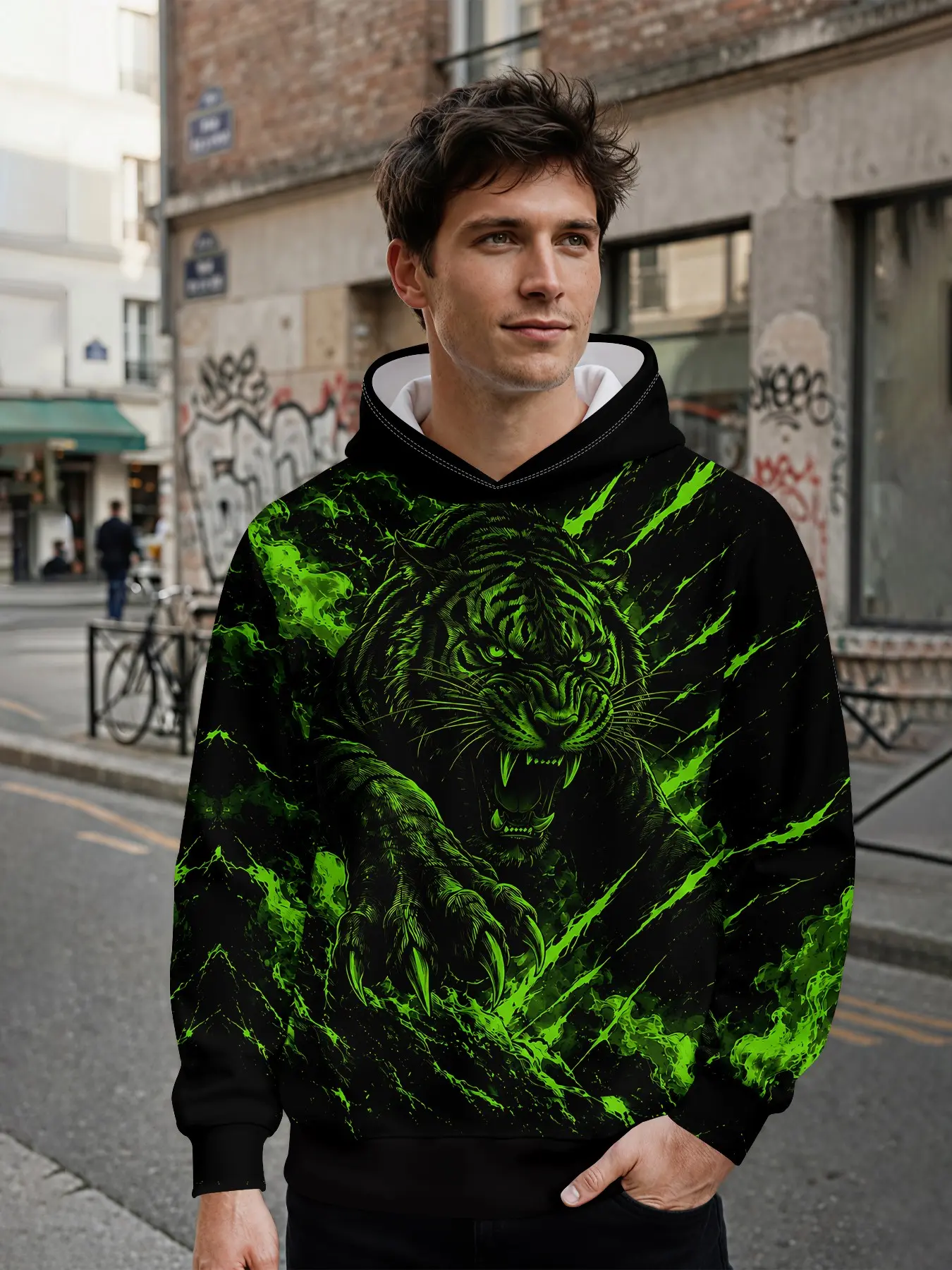 Men's hooded sweatshirt with 3D digital print of a striking fierce tiger in neon green against a black background, all-over printed pattern. It stands out for daily street looks and music festival outfits, making it an ideal holiday gift for men.