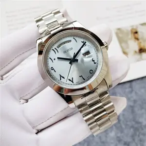 Polished Fluted Bezel All Stainless Steel Men Watch Ice Silver Sunburst Dial Unique Arabic Numerals Dual Day Date Display President Link Bracelet Business Formal Quartz Wristwatch