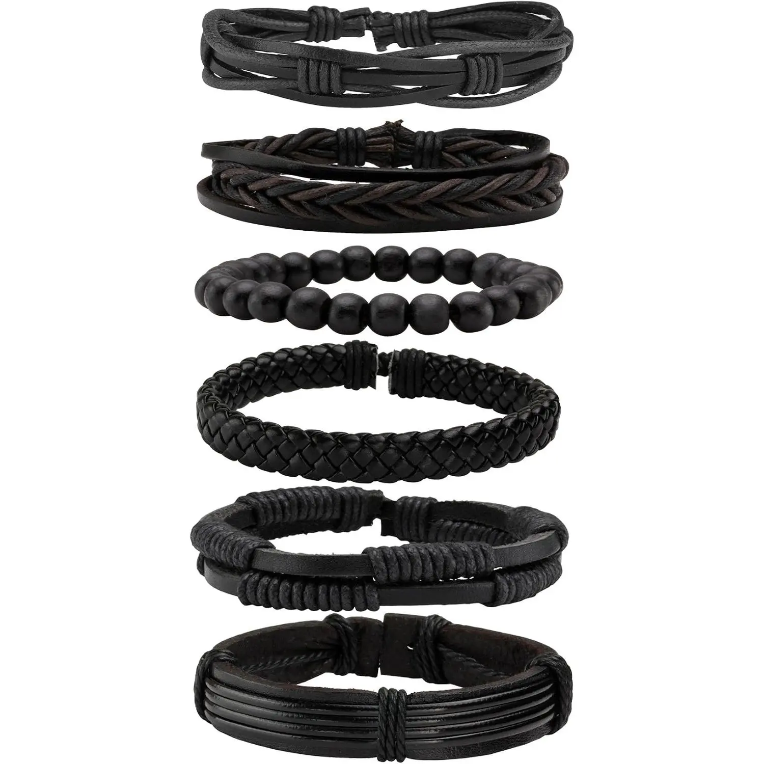 6 count Punk Braided Leather Bracelets for Men Women Cuff Wrap Wristbands Adjustable