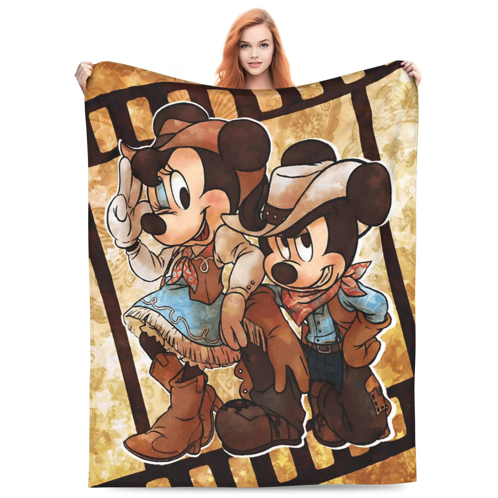 DISNEY CLASSIC Western Cowboy Mickey Minnie Throw Blanket, Vintage Film Strip Watercolor Cowboy Mouse Couple Print Flannel Fleece Blanket Soft Cozy Blanket for Sofa Bed Gift for Disney Fans