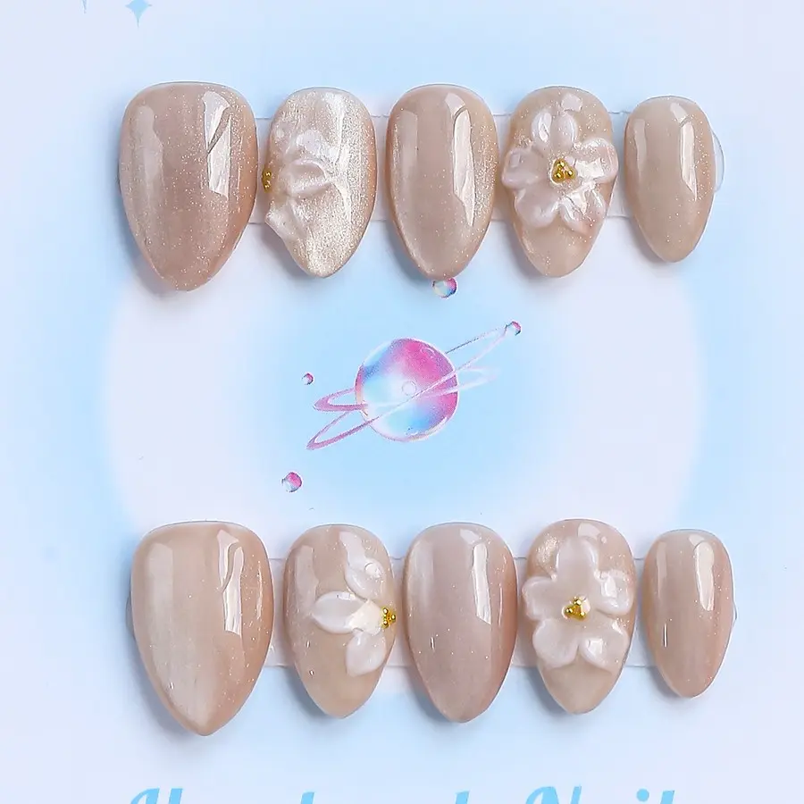 Nailssbysheccid, 10pcs press-on nails, Handmade Wearable Nails, short almond shape, Y2K style, 100% handmade, French style, 3D, suitable for family dinners, dates, weddings, comes with jelly glue, crystal sticks and shaping strips