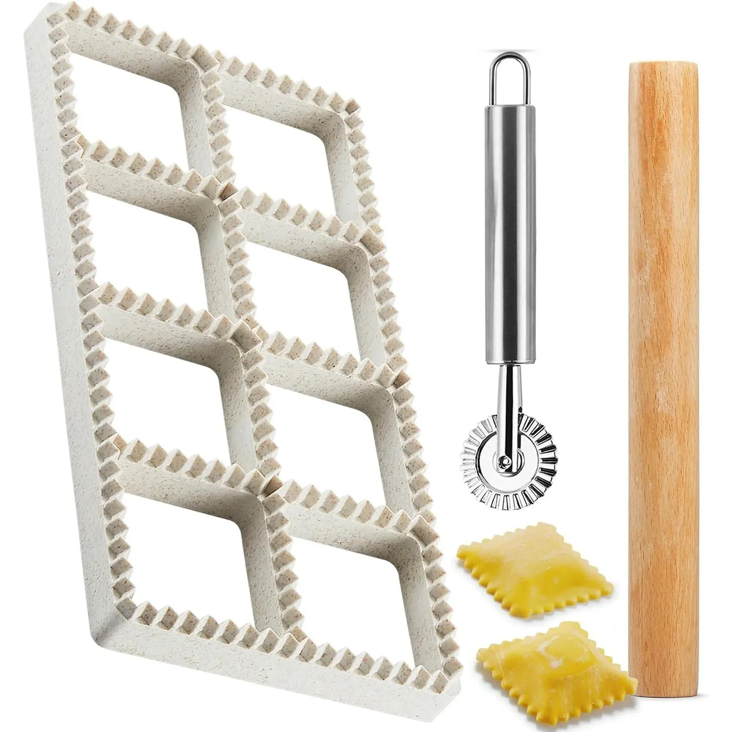 Ravioli Maker Press, Ravioli Press Mold Set - Squares Ravioli Stamp Maker Cutter with Wood Rolling Pin and Ravioli Wheel, Ravioli Stamp Pasta Making Tools | Makes 8 Ravioli, 1.85"