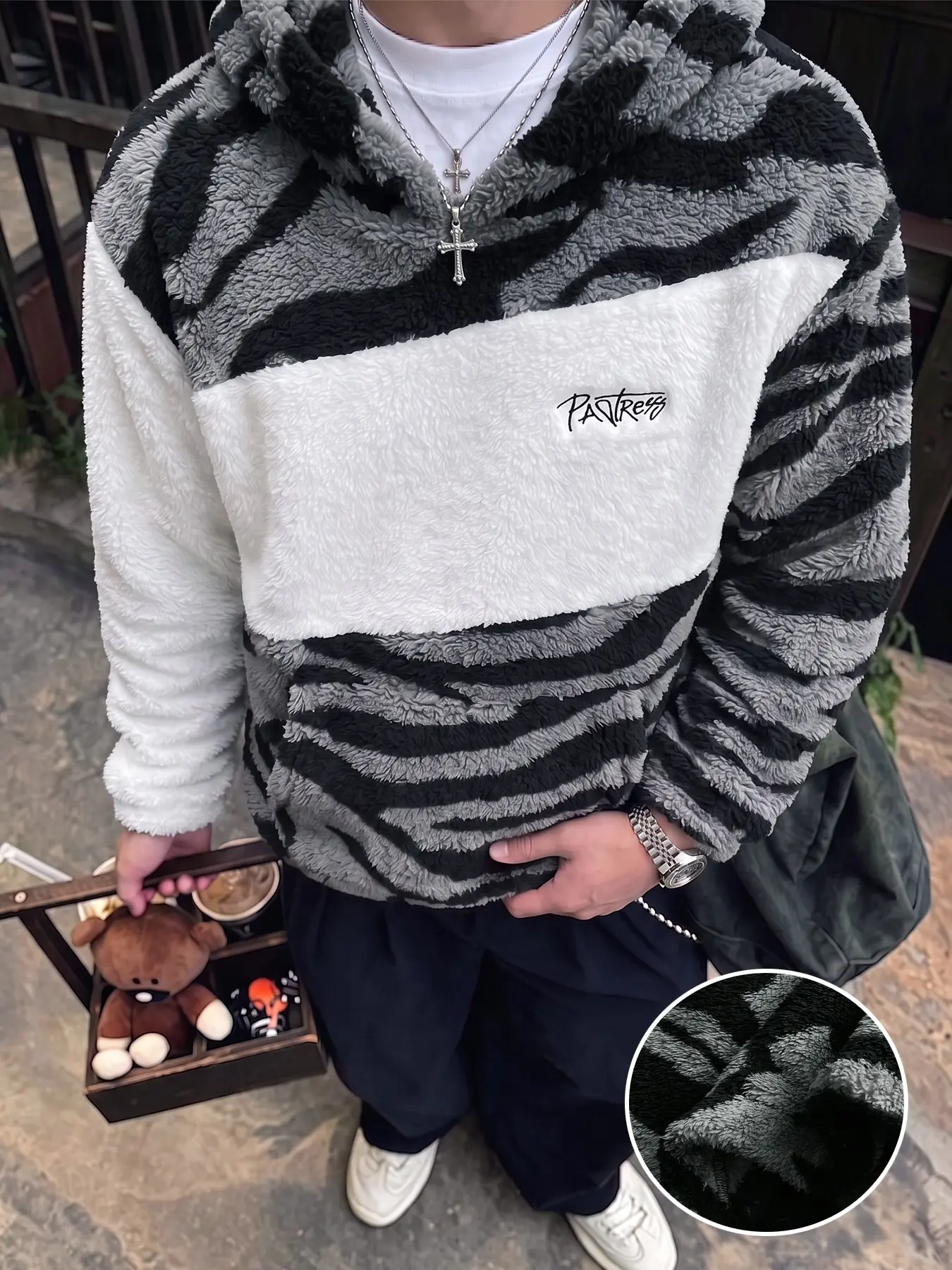 Men Pullover Sherpa Hoodie, Zebra Print Fuzzy Fleece Sweatshirt, Color Block Patchwork Hooded Top, Embroidered Chest Logo, Kangaroo Pocket Casual Streetwear For Autumn Winter