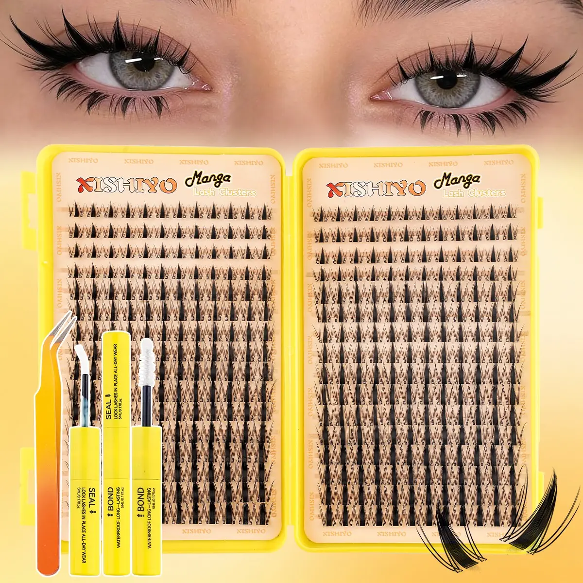 384PCS Anime Fairy Lash Clusters DIY Kit Eyelash Extension, Wet Look Cat Eye Individual False Eyelashes, 8-16mm Mixed Clear Invisible Thin Band, with Glue & Tweezers Soft Natural for Daily Date Festival Party Makeup