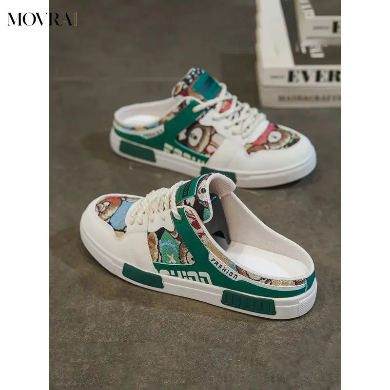 MOVRA1 Men's Vintage Cartoon Print Patchwork Backless Lace-Up Mule Skate Shoes - Textile & Rubber Flat Non-Light Casual Half Slide Sneakers for Daily Wear, Outdoor Walks (Up to Size 47)