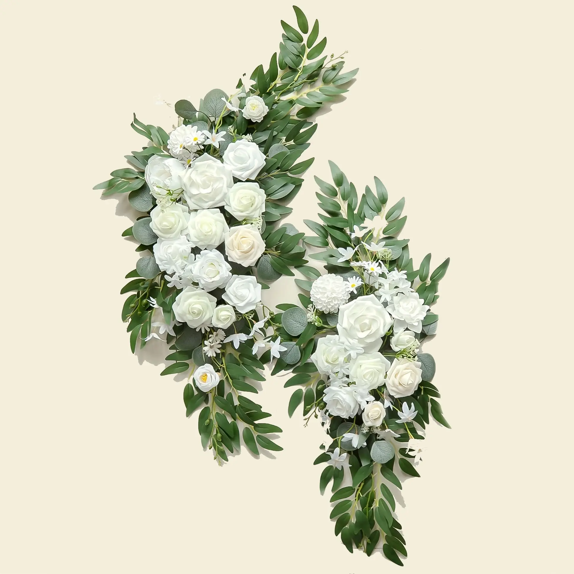 2 Pcs Elegant White Artificial Flower Wedding Floral Swags, Realistic Roses with Greenery, Decorations for Wedding Arch, Backdrop, Ceremony, Engagement Party, Valentine's Day & Mother's Day